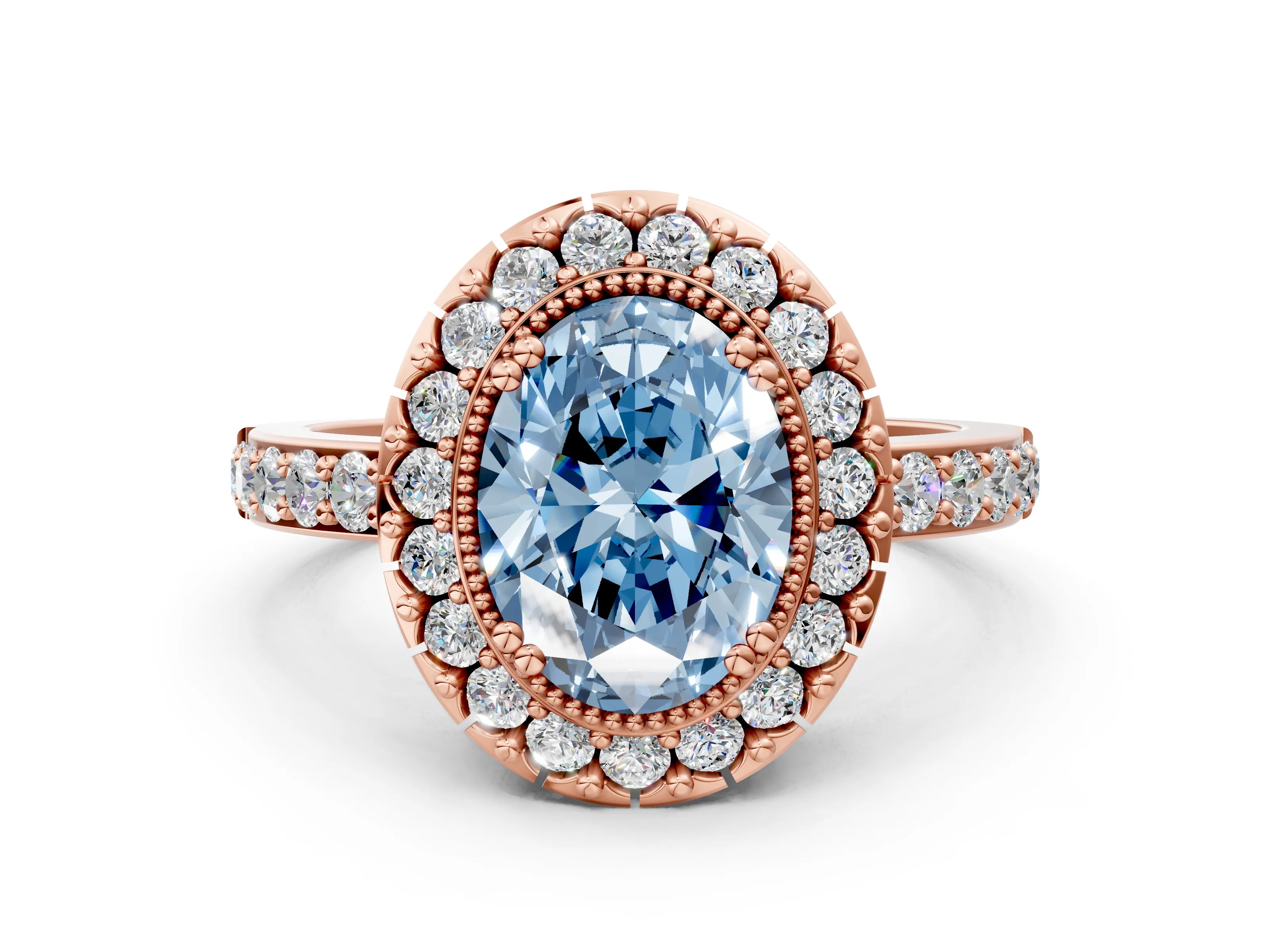 Rose gold Fancy Blue Oval Cut Diamond Halo Ring with Pavé Band and Prong Setting