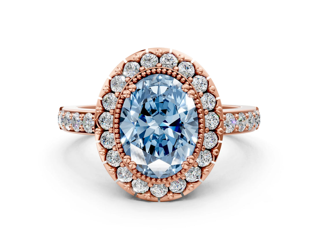 Rose gold Fancy Blue Oval Cut Diamond Halo Ring with Pavé Band and Prong Setting