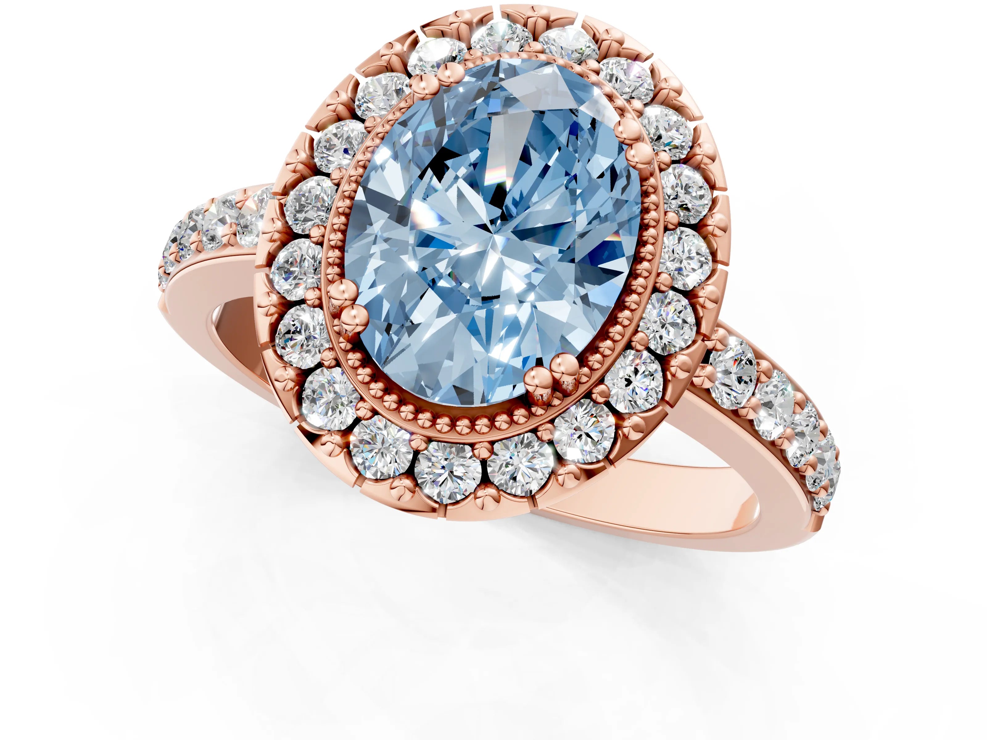 Rose gold Fancy Blue Oval Cut Diamond Halo Ring with Pavé Band and Prong Setting_1
