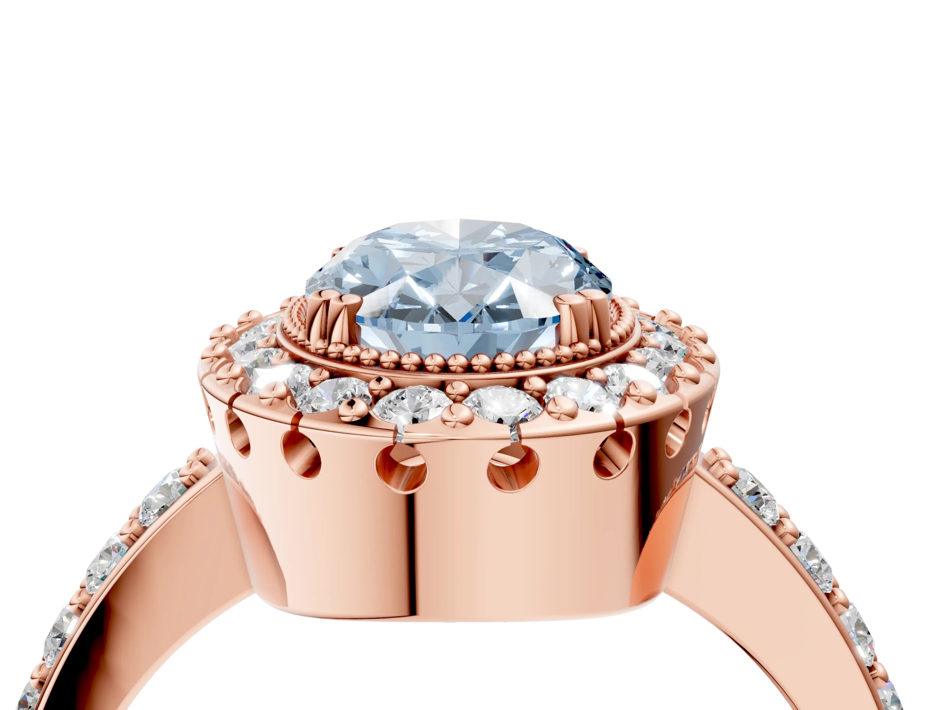Rose gold Fancy Blue Oval Cut Diamond Halo Ring with Pavé Band and Prong Setting_4
