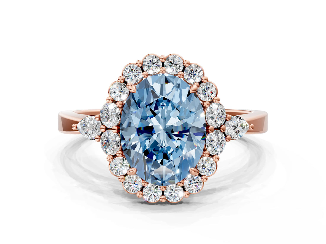 Rose gold Fancy Blue Oval Cut Diamond Halo Ring with Pear Side Stones and Prong Setting_103