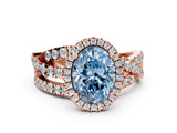 Rose gold Fancy Blue Oval Cut Diamond Halo Ring with Round Split Shank and Prong Setting_48