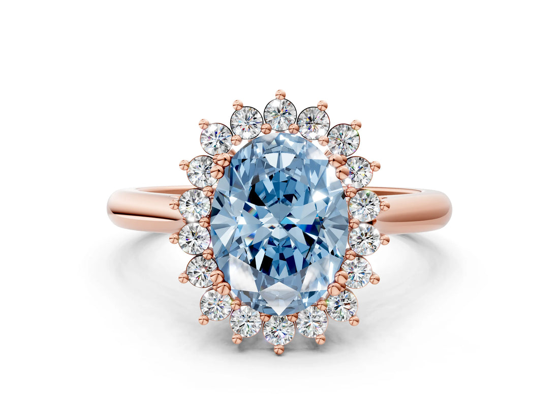 Rose gold Fancy Blue Oval  Cut Diamond Halo Ring with Solitaire Band and Prong Setting_53