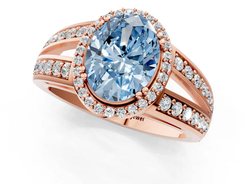 Rose gold Fancy Blue Oval Cut Diamond Halo Ring with Split Shank Pavé Band and Four-Prong Setting_1