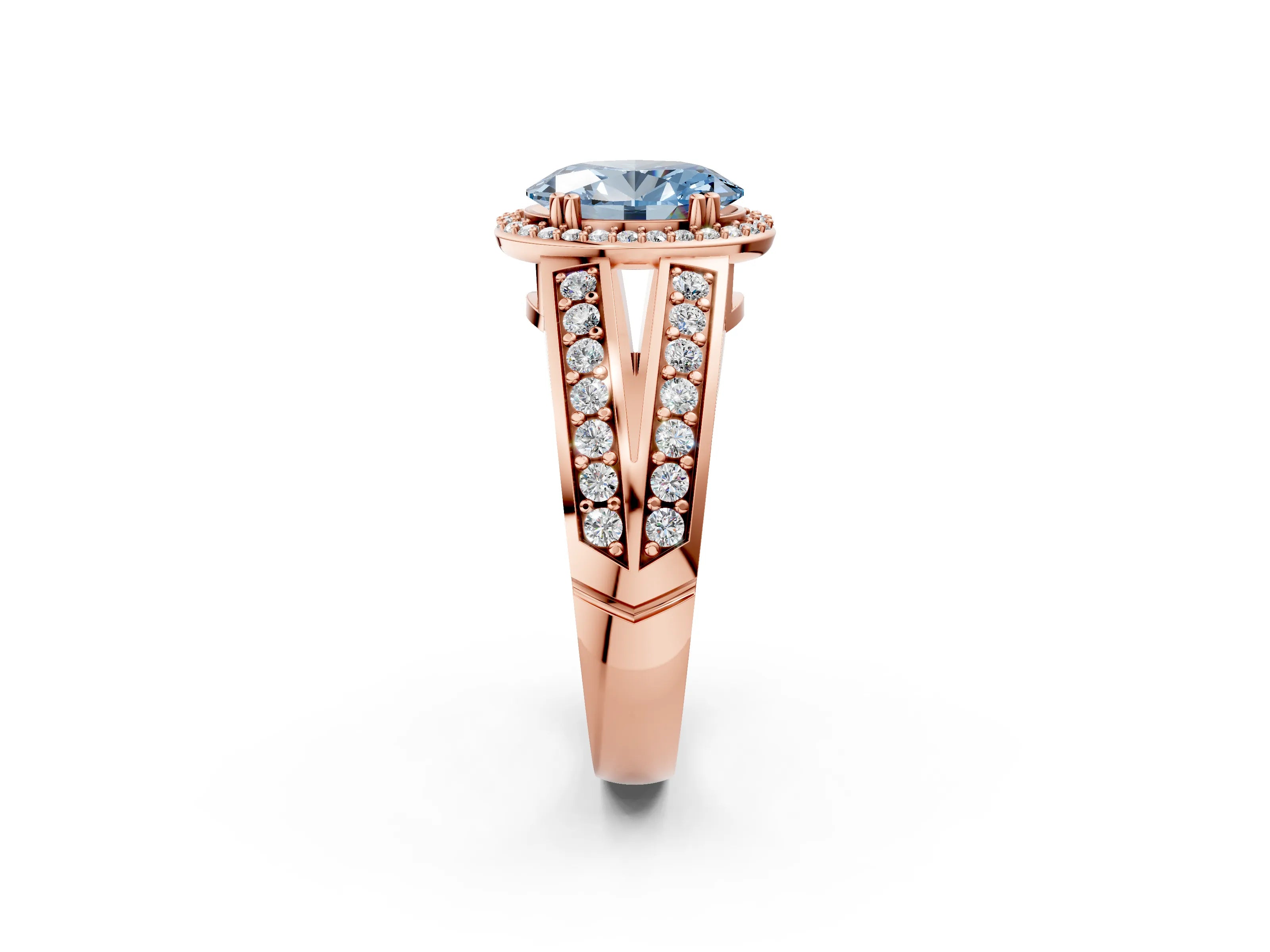 Rose gold Fancy Blue Oval Cut Diamond Halo Ring with Split Shank Pavé Band and Four-Prong Setting_2