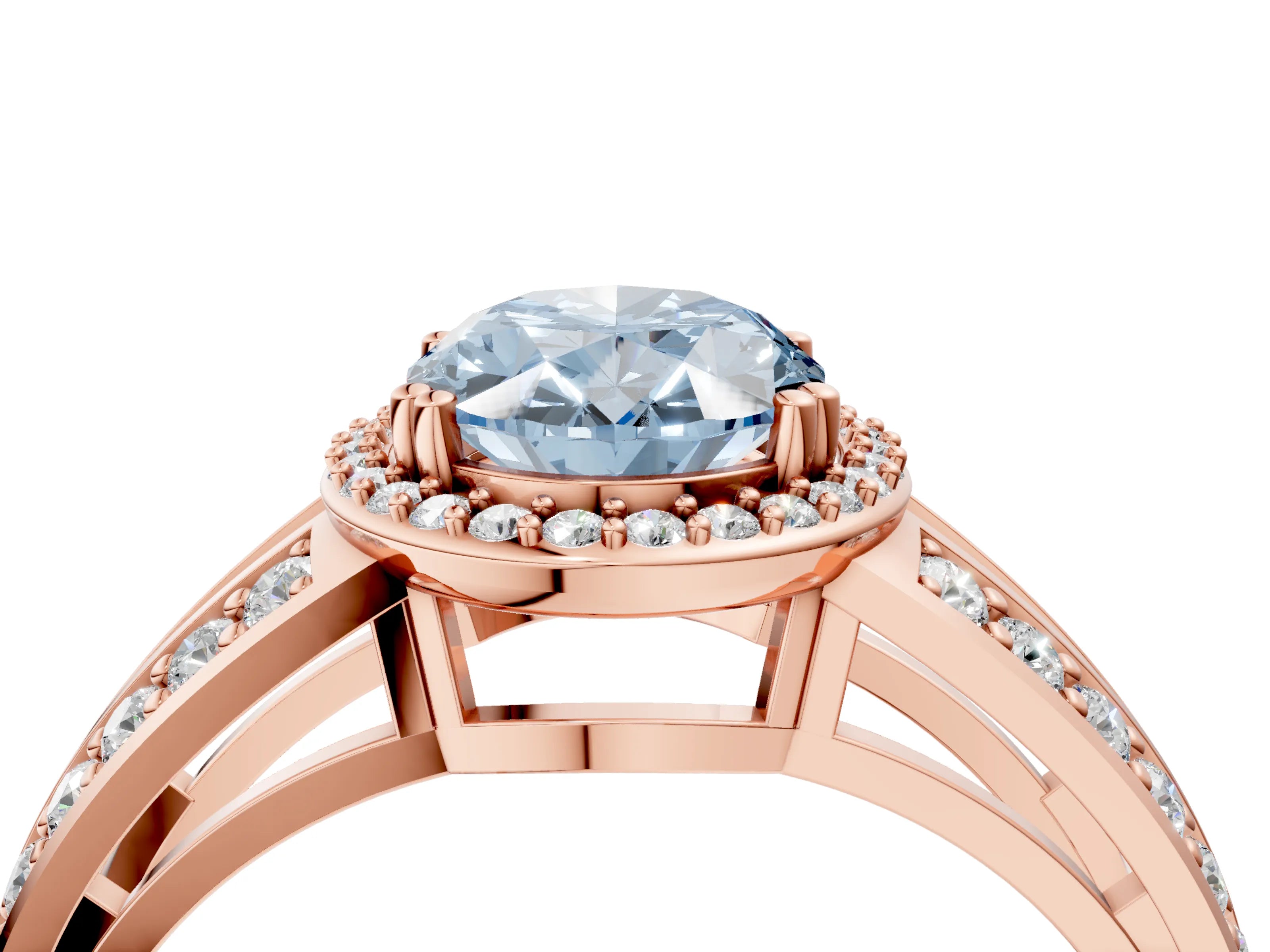 Rose gold Fancy Blue Oval Cut Diamond Halo Ring with Split Shank Pavé Band and Four-Prong Setting_4