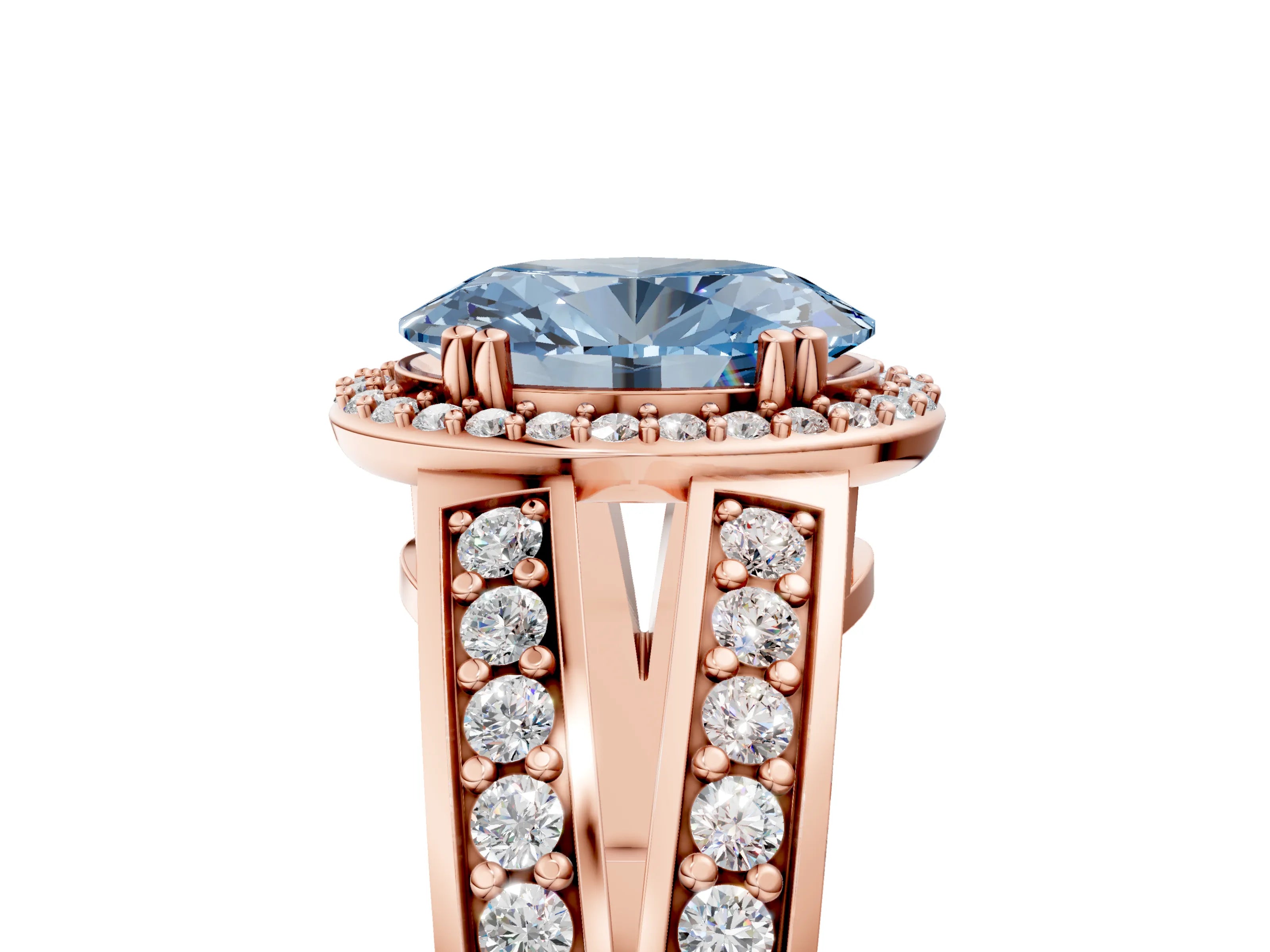 Rose gold Fancy Blue Oval Cut Diamond Halo Ring with Split Shank Pavé Band and Four-Prong Setting_5
