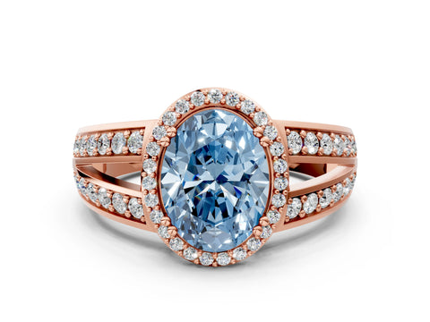 Rose gold Fancy Blue Oval Cut Diamond Halo Ring with Split Shank Pavé Band and Four-Prong Setting