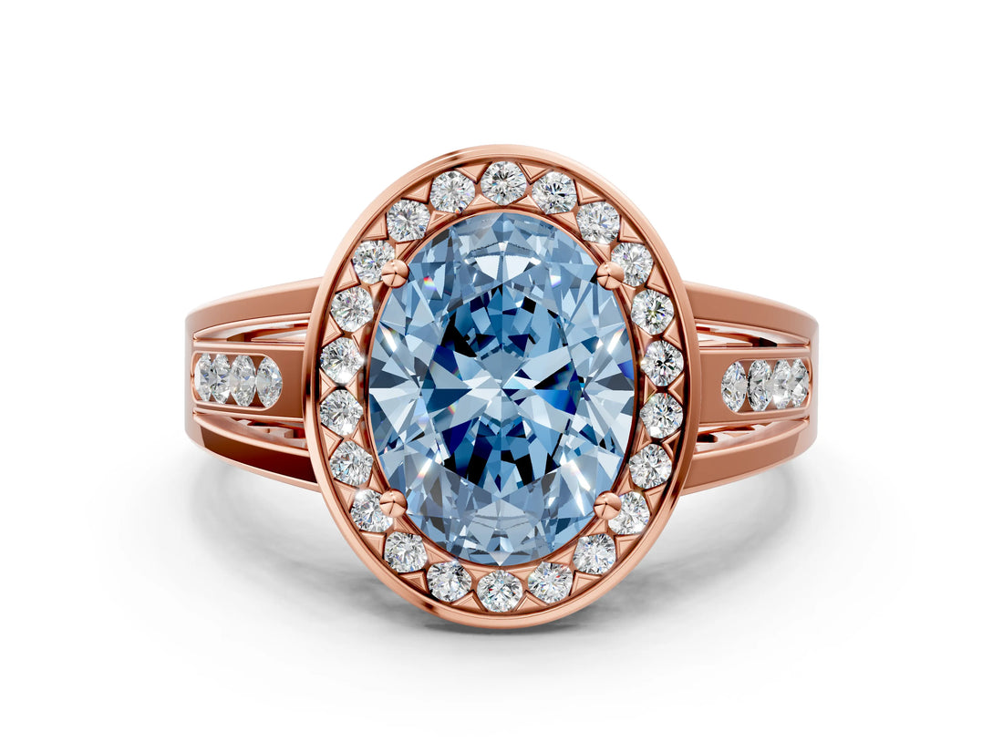 Rose gold Fancy Blue Oval Cut Diamond Halo Ring with Split Shank and Bezel Accents and Prong Setting