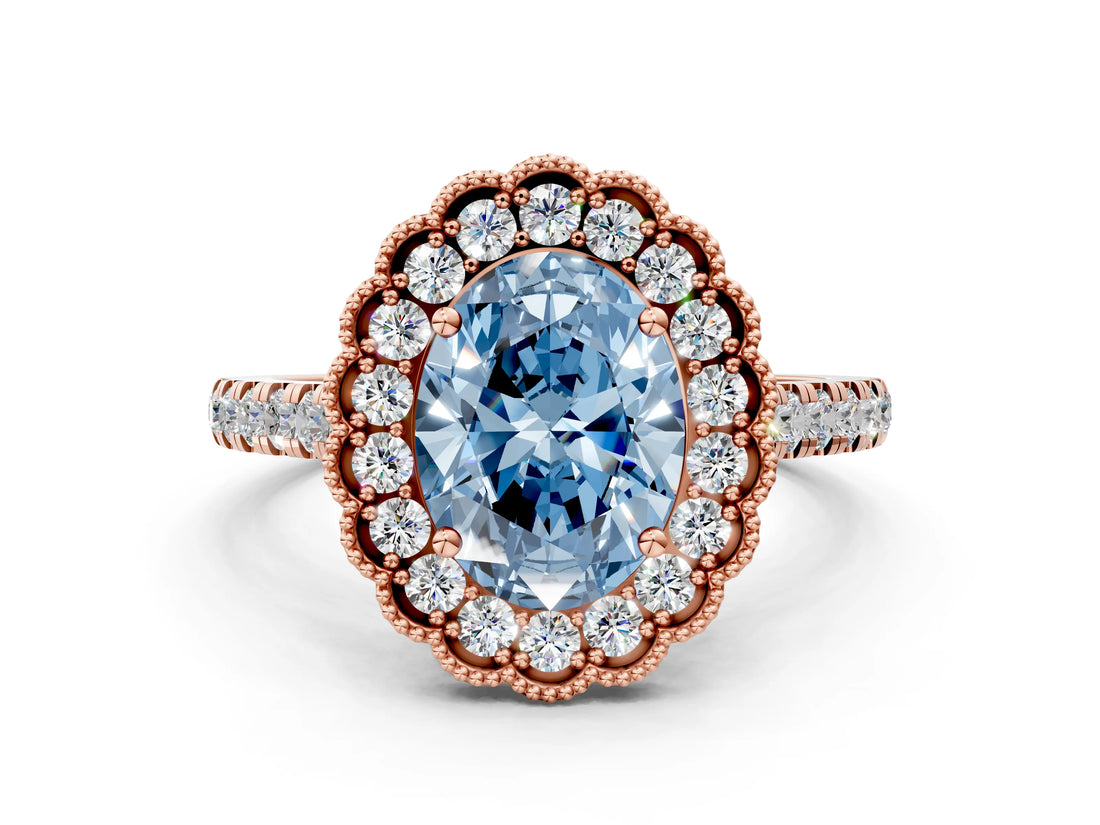 Rose gold Fancy Blue Oval  Cut Diamond Milgrain Floral Halo Engagement Ring with Pavé Band_15