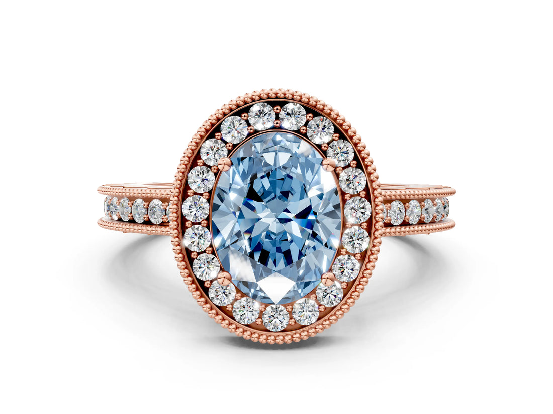 Rose gold Fancy Blue Oval Cut Diamond Milgrain Halo Engagement Ring with Round Pavé Band and Prong Setting_12