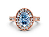 Rose gold Fancy Blue Oval Cut Diamond Milgrain Halo Engagement Ring with Round Pavé Band and Prong Setting_12