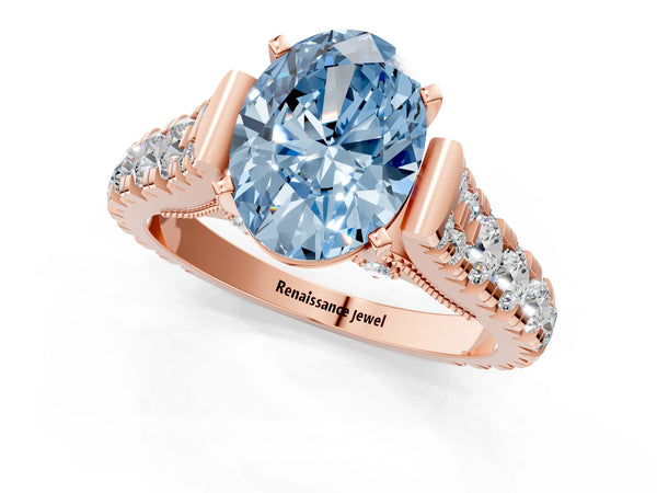Rose gold Fancy Blue Oval Cut Diamond Classic Solitaire Ring with Pavé Band and Four-Prong Setting