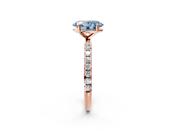Rose gold Fancy Blue Oval  Cut Diamond Solitaire Ring with Micro Pave Band and Four Prong Setting