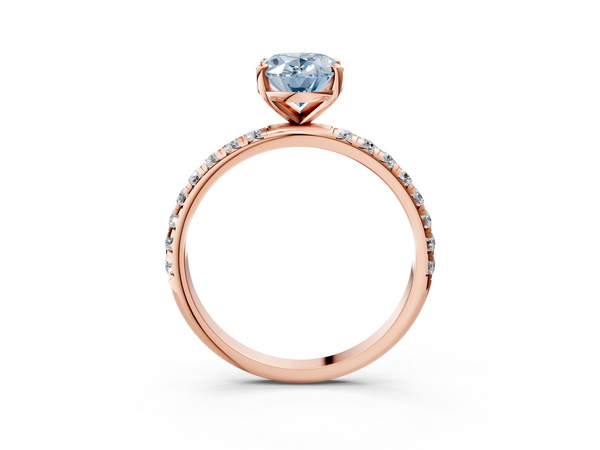 Rose gold Fancy Blue Oval  Cut Diamond Solitaire Ring with Micro Pave Band and Four Prong Setting