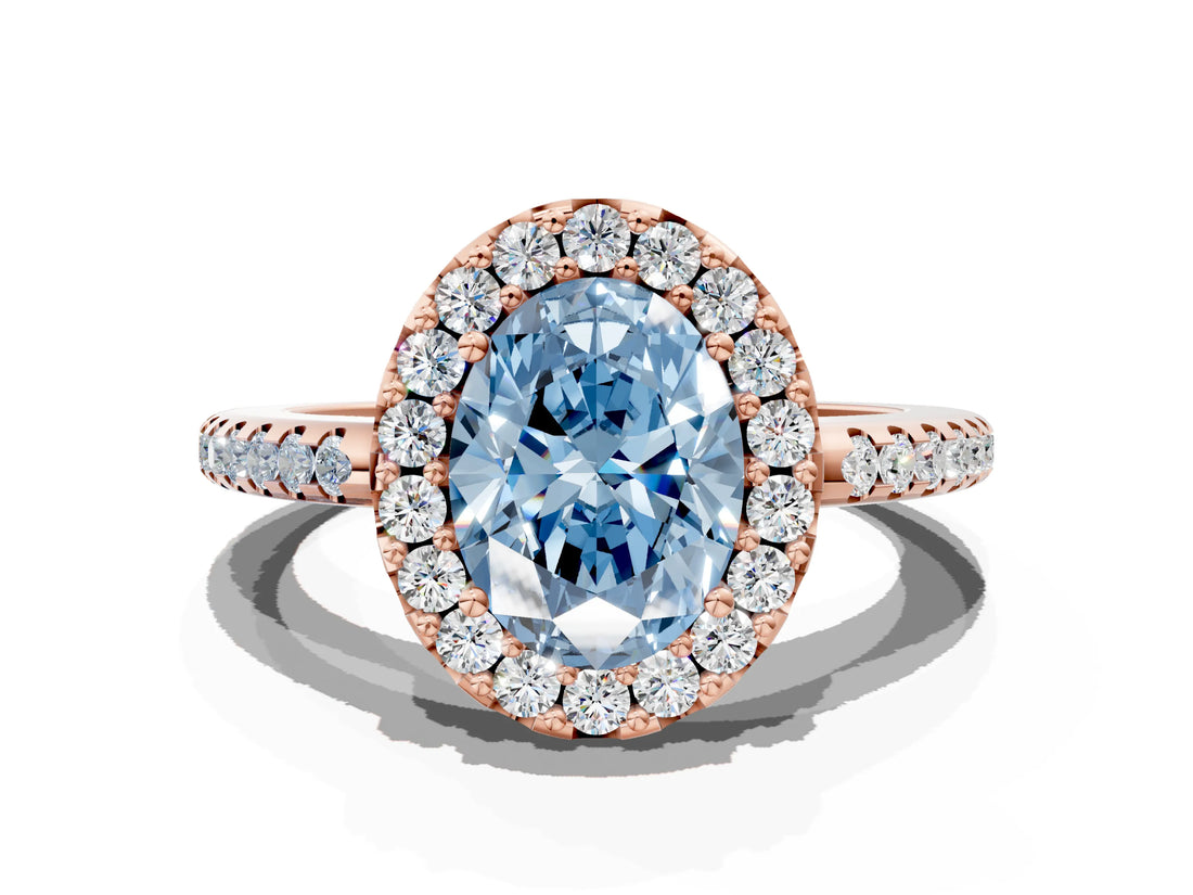 Rose gold Fancy Blue Oval Cut Diamond Pavé Halo Ring with Four-Prong Setting_36