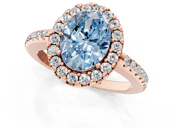 Rose gold Fancy Blue Oval Cut Diamond Pavé Halo Ring with Four-Prong Setting