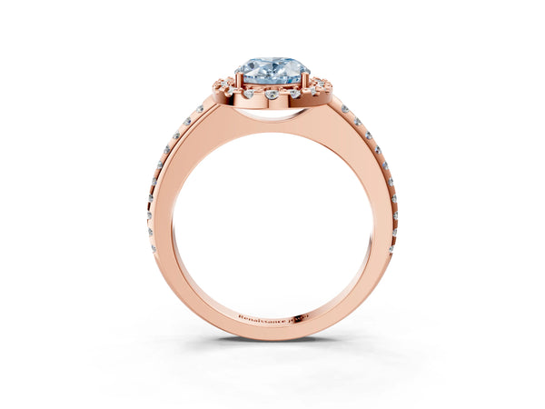 Rose gold Fancy Blue Oval Cut Diamond Pavé Halo Ring with Four-Prong Setting