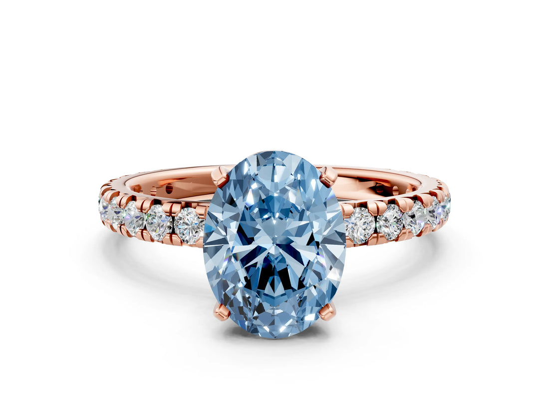 Rose gold Fancy Blue Oval Cut Diamond Pavé Solitaire Ring with Round Band and Prong Setting_12