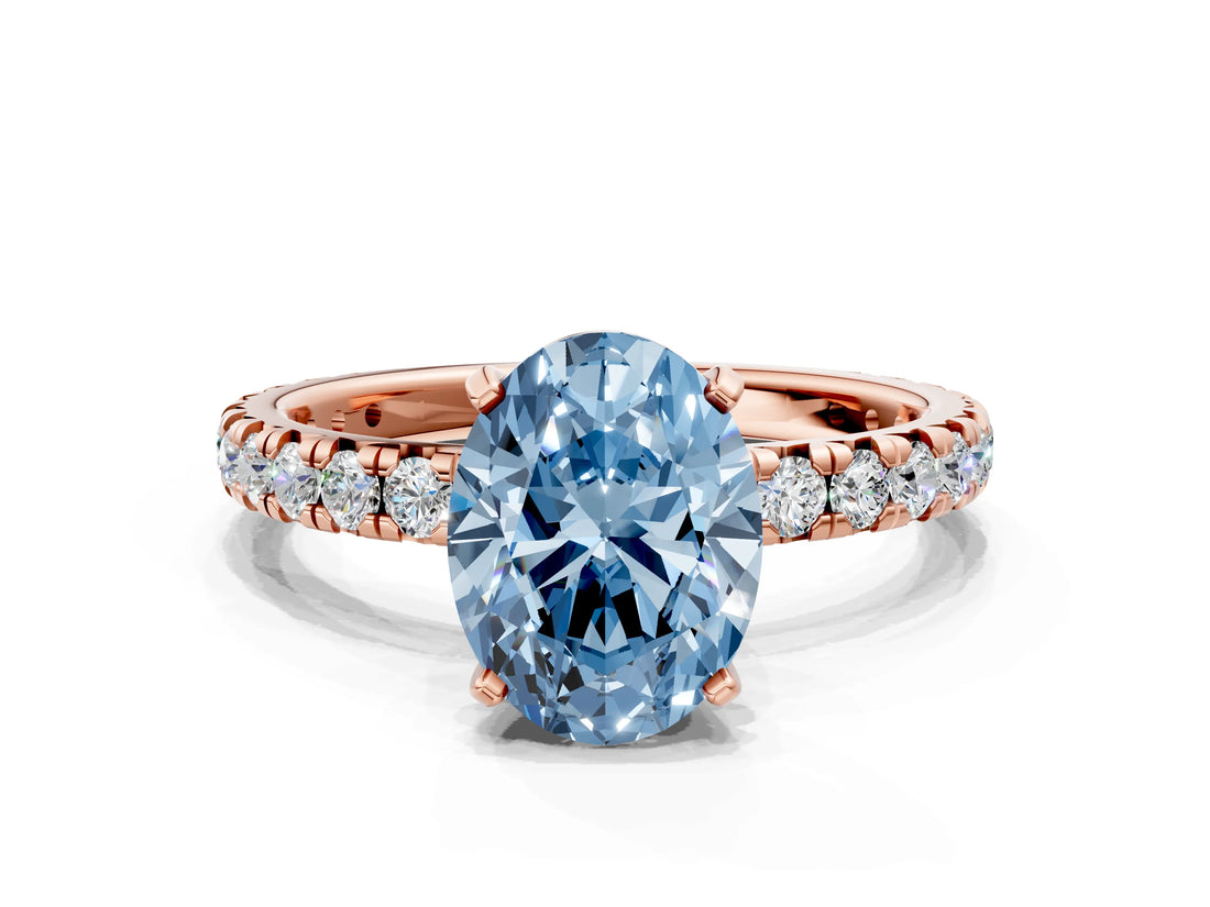 Rose gold Fancy Blue Oval Cut Diamond Pavé Solitaire Ring with Round Band and Prong Setting_24