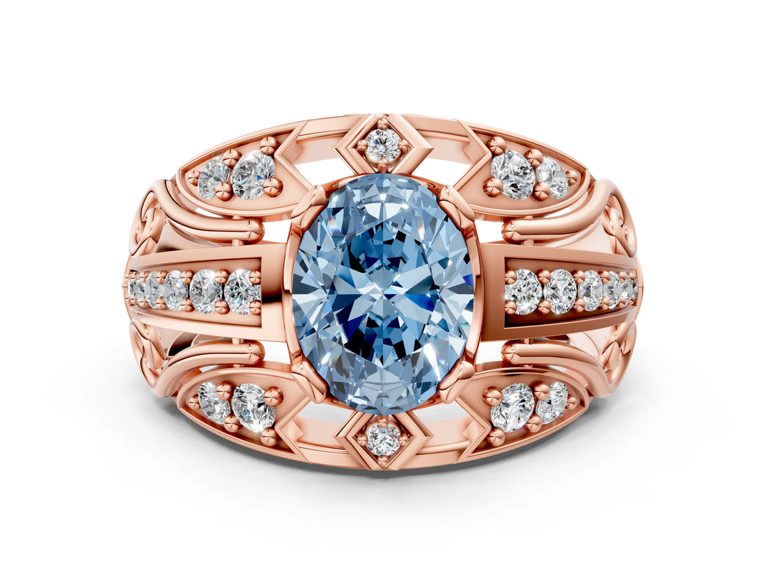 Rose gold Fancy Blue Oval Cut Diamond Pave Art Deco Split Shank Ring with Four-Prong Setting