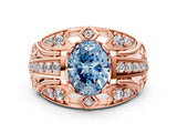 Rose gold Fancy Blue Oval Cut Diamond Pave Art Deco Split Shank Ring with Four-Prong Setting
