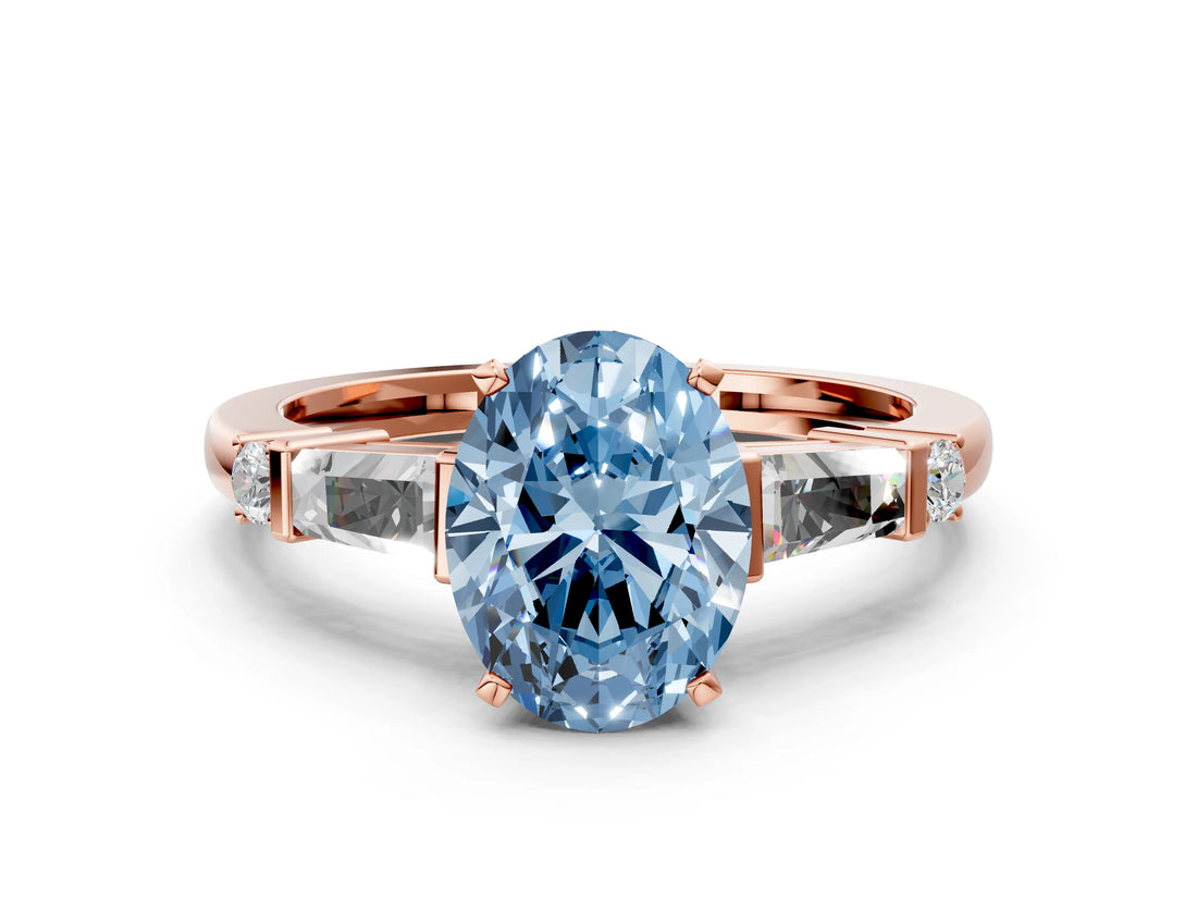 Rose gold Fancy Blue Oval  Cut Diamond Ring with Baguette Side Stones, Channel Set Band, and Four-Prong Setting_24