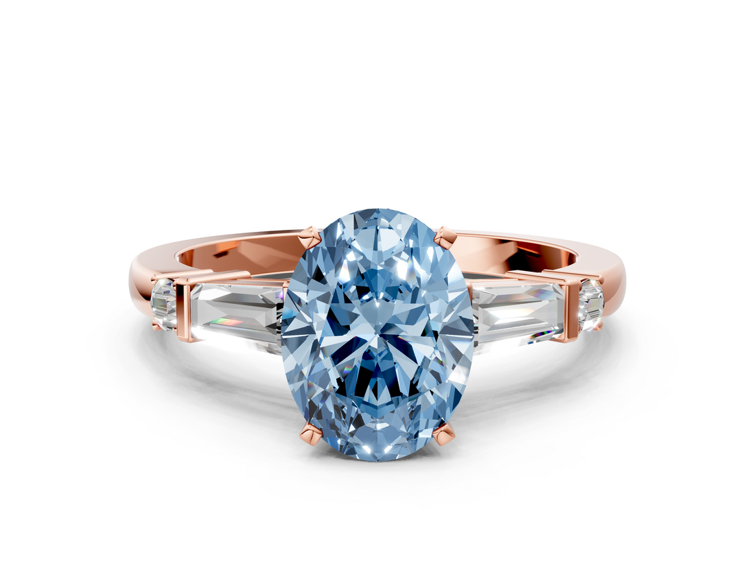 Rose gold Fancy Blue Oval  Cut Diamond Ring with Baguette Side Stones, Channel Set Band, and Four-Prong Setting_3