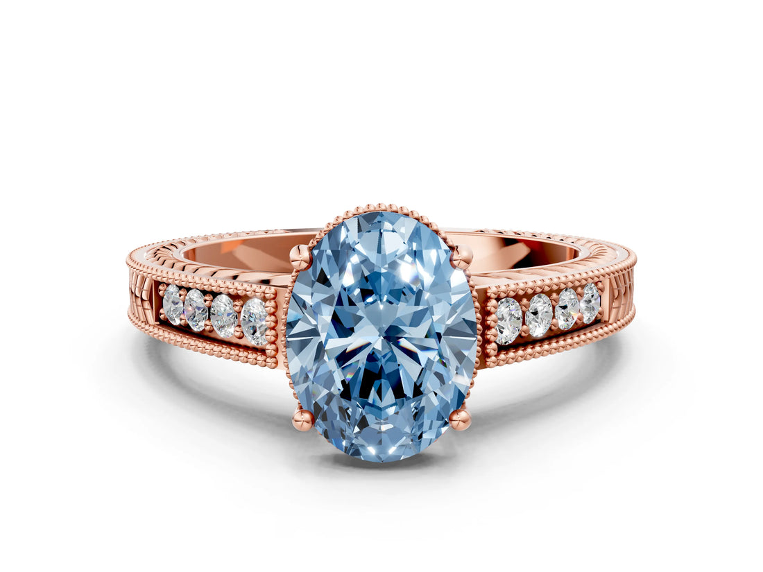 Rose gold Fancy Blue Oval Cut Diamond Ring with Milgrain Pavé Band and Four-Prong Setting_20