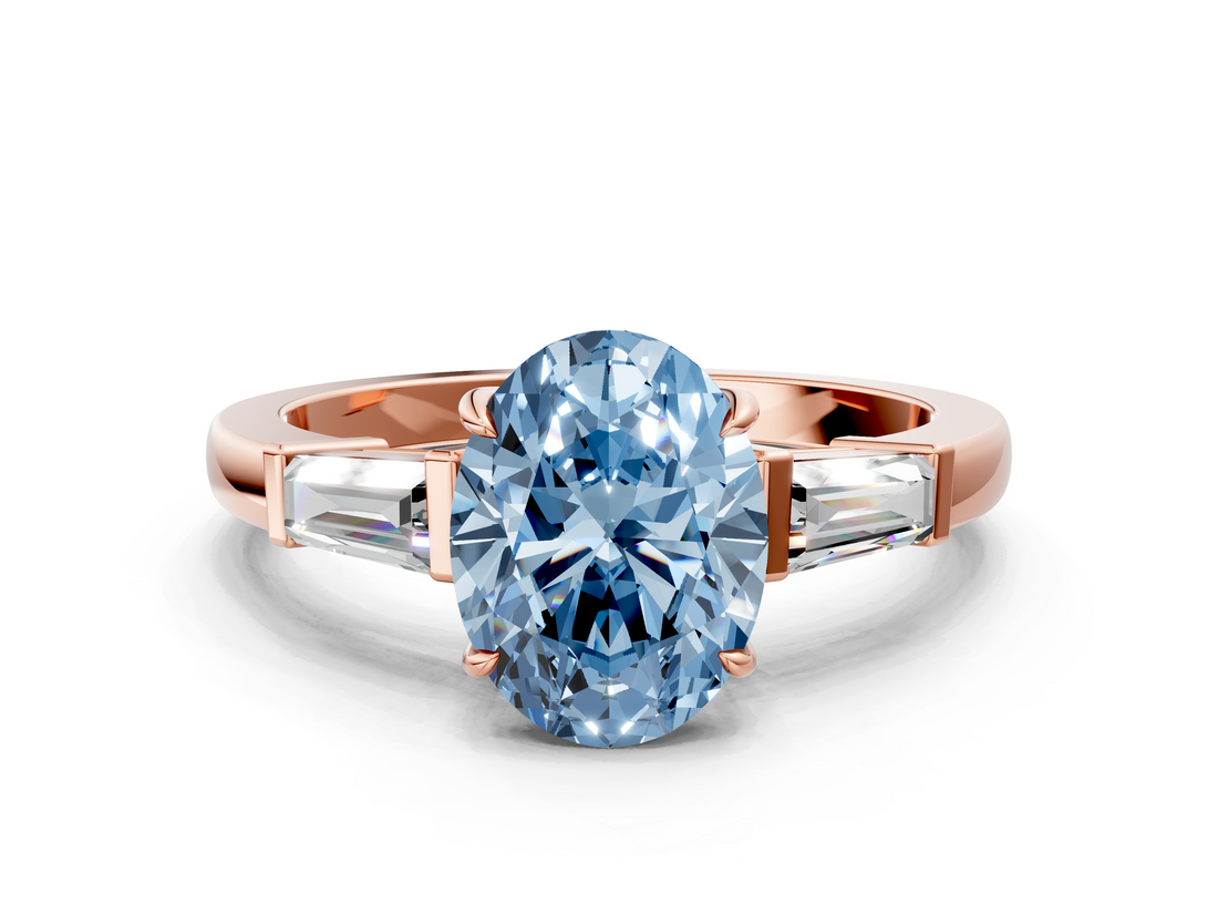 Rose gold Fancy Blue Oval  Cut Diamond Ring with Tapered Baguette Side Stones in Four-Prong Setting_3