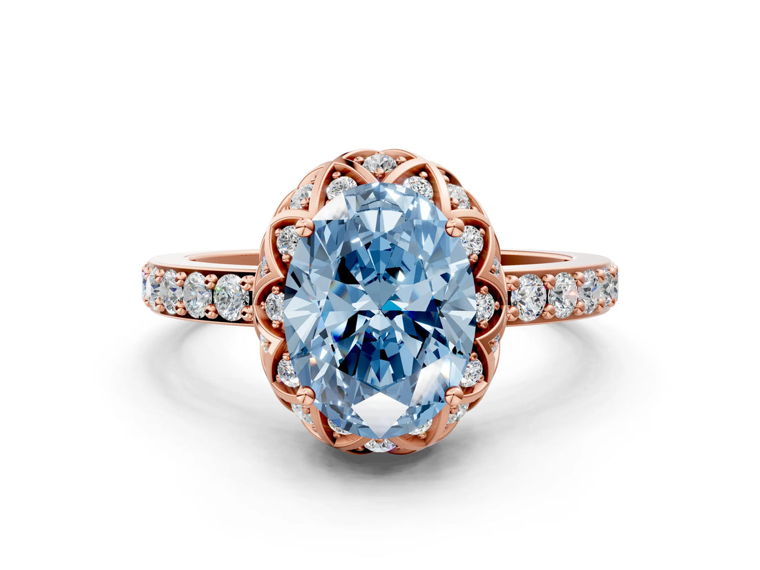 Rose gold Fancy Blue Oval Cut Diamond Scalloped Halo Engagement Ring with Round Shared Prong Band_12