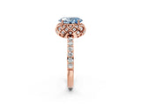 Rose gold Fancy Blue Oval Cut Diamond Scalloped Halo Engagement Ring with Round Shared Prong Band_26