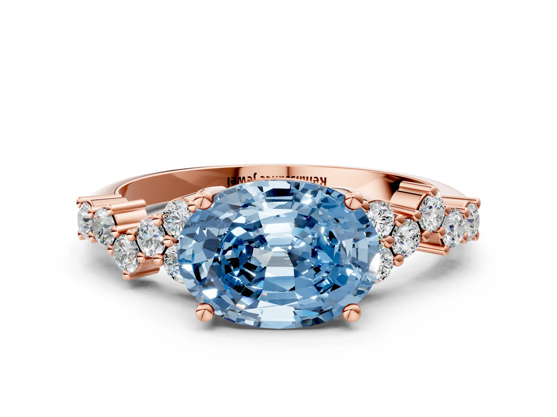 Rose gold Fancy Blue Oval Cut Diamond Scattered Round Accent Ring with Prong Setting_13