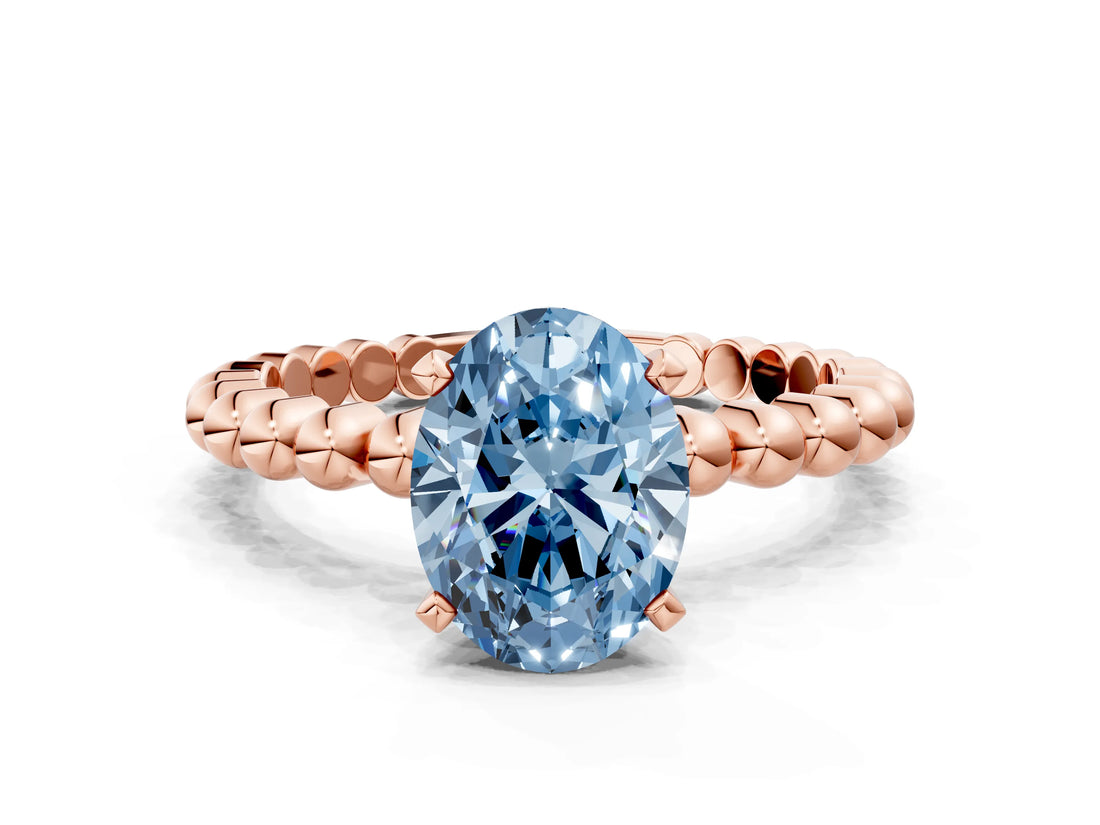 Rose gold Fancy Blue Oval Cut Diamond Solitaire Ring with Beaded Band and Prong Setting_292