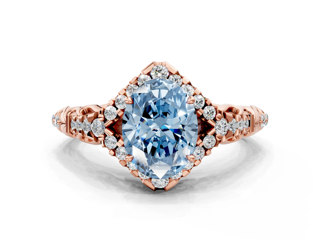 Rose gold Fancy Blue Oval Cut Diamond Solitaire Ring with Hidden Halo and Pavé Band_27