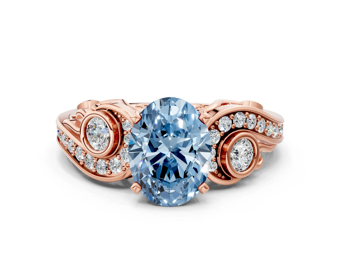 Rose gold Fancy Blue Oval Cut Diamond Solitaire Ring with Milgrain Pavé Band and Four-Prong Setting_173