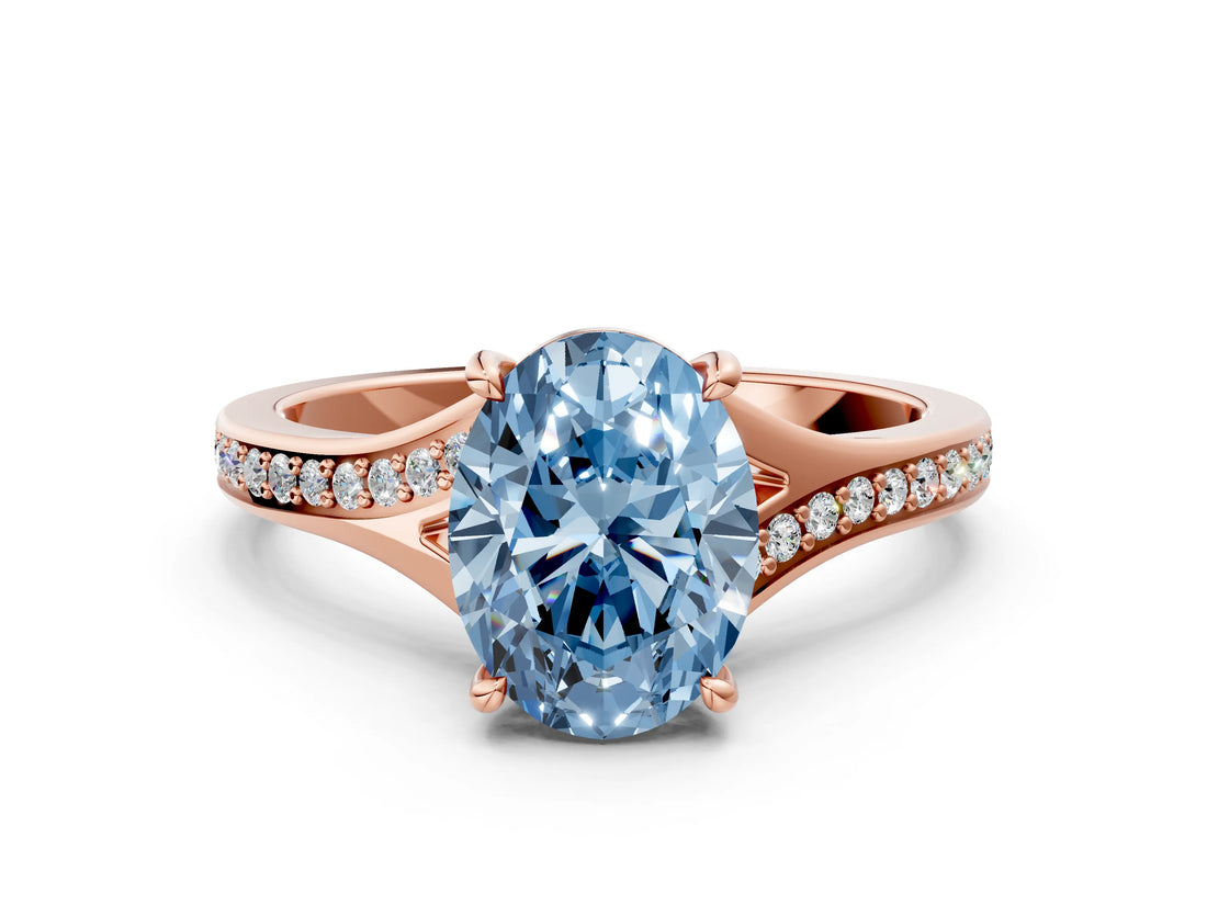 Rose gold Fancy Blue Oval Cut Diamond Solitaire Ring with Pavé Band and Prong Setting_12