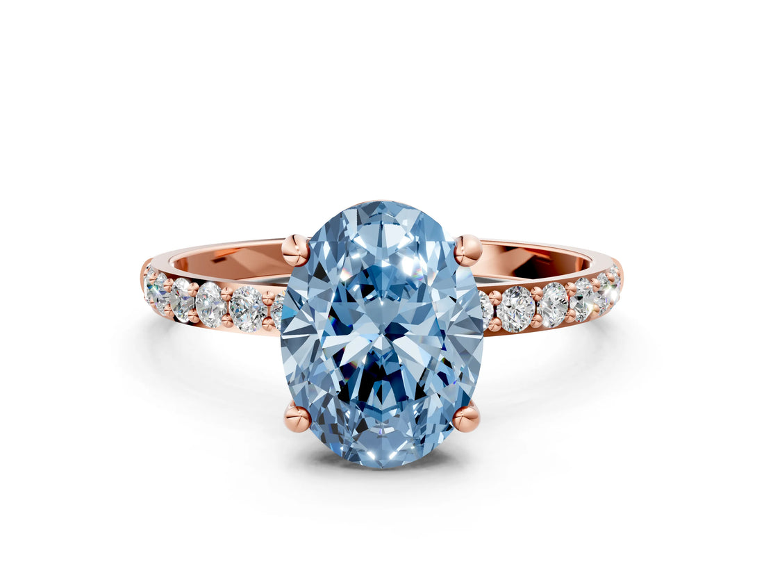 Rose gold Fancy Blue Oval Cut Diamond Solitaire Ring with Pave Band and Four Prong Setting_91
