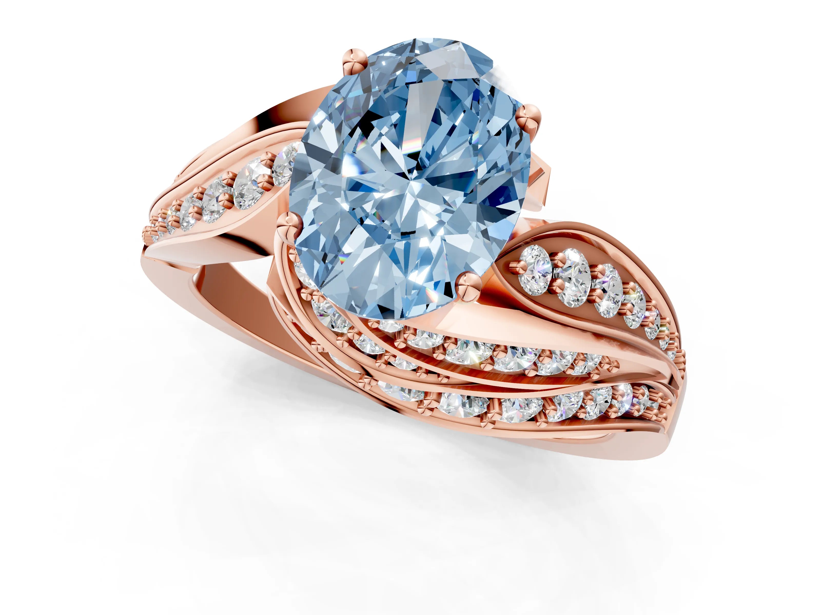 Rose gold Fancy Blue Oval Cut Diamond Solitaire Ring with Prong Setting and Twisted Pavé Band_1