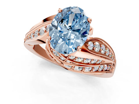 Rose gold Fancy Blue Oval Cut Diamond Solitaire Ring with Prong Setting and Twisted Pavé Band_1