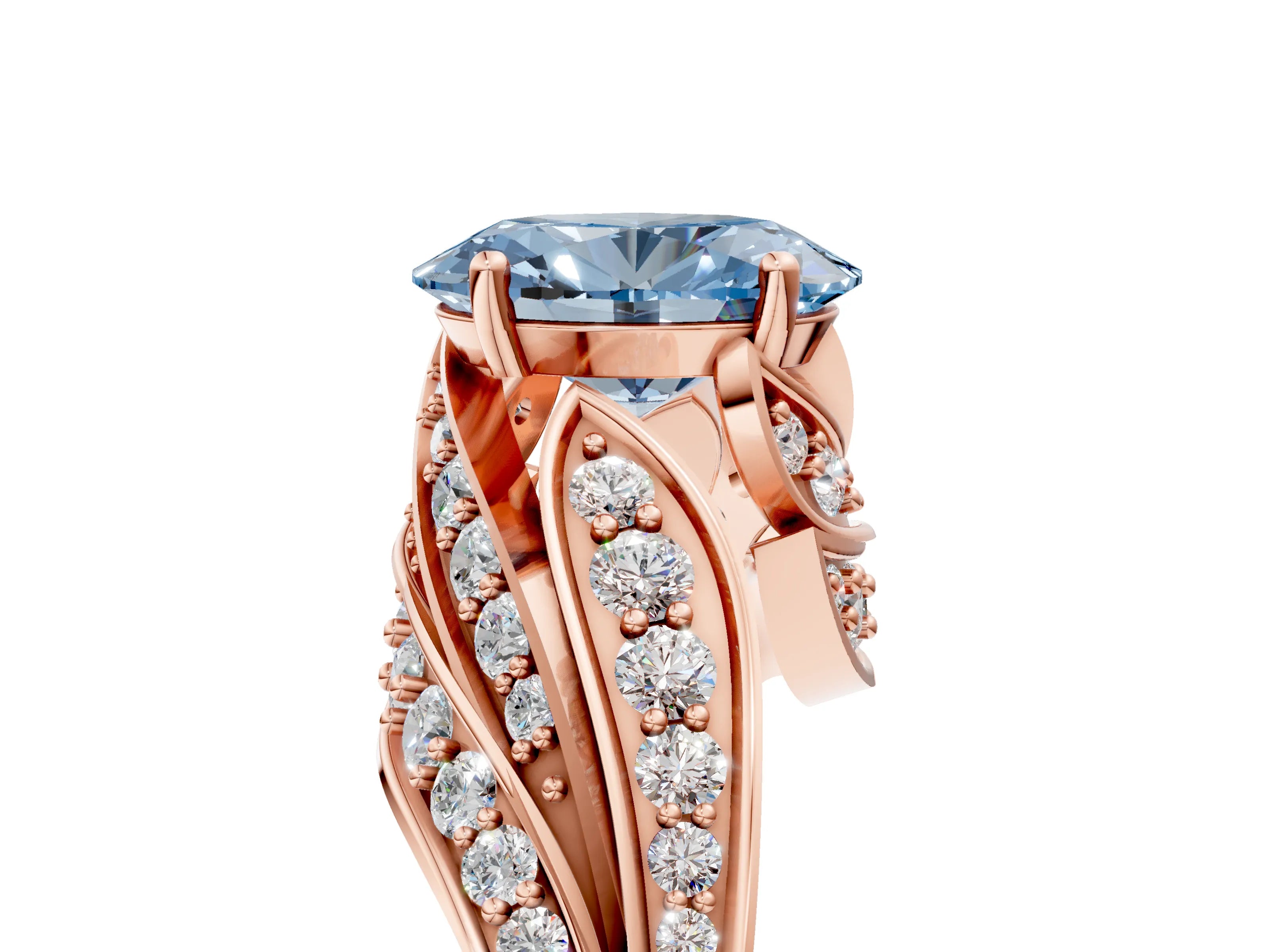 Rose gold Fancy Blue Oval Cut Diamond Solitaire Ring with Prong Setting and Twisted Pavé Band_5