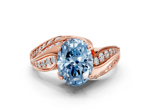 Rose gold Fancy Blue Oval Cut Diamond Solitaire Ring with Prong Setting and Twisted Pavé Band
