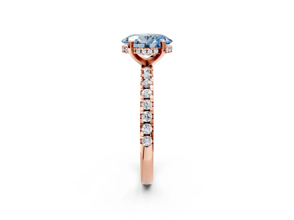 Rose Gold Oval Hidden Halo Solitaire Engagement Ring Setting for Fancy Blue Center with Single Row Pave Band