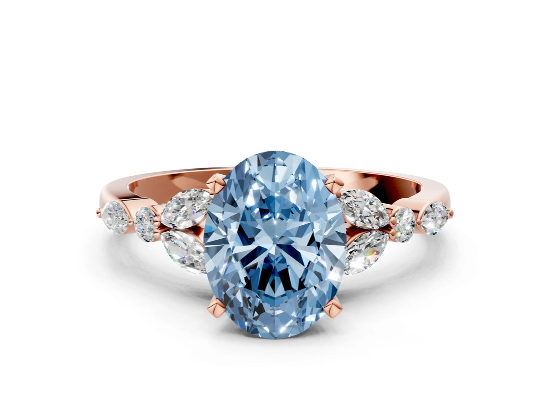 Rose gold Fancy Blue Oval Cut Diamond Solitaire Ring with Side Stones and Four-Prong Setting_69