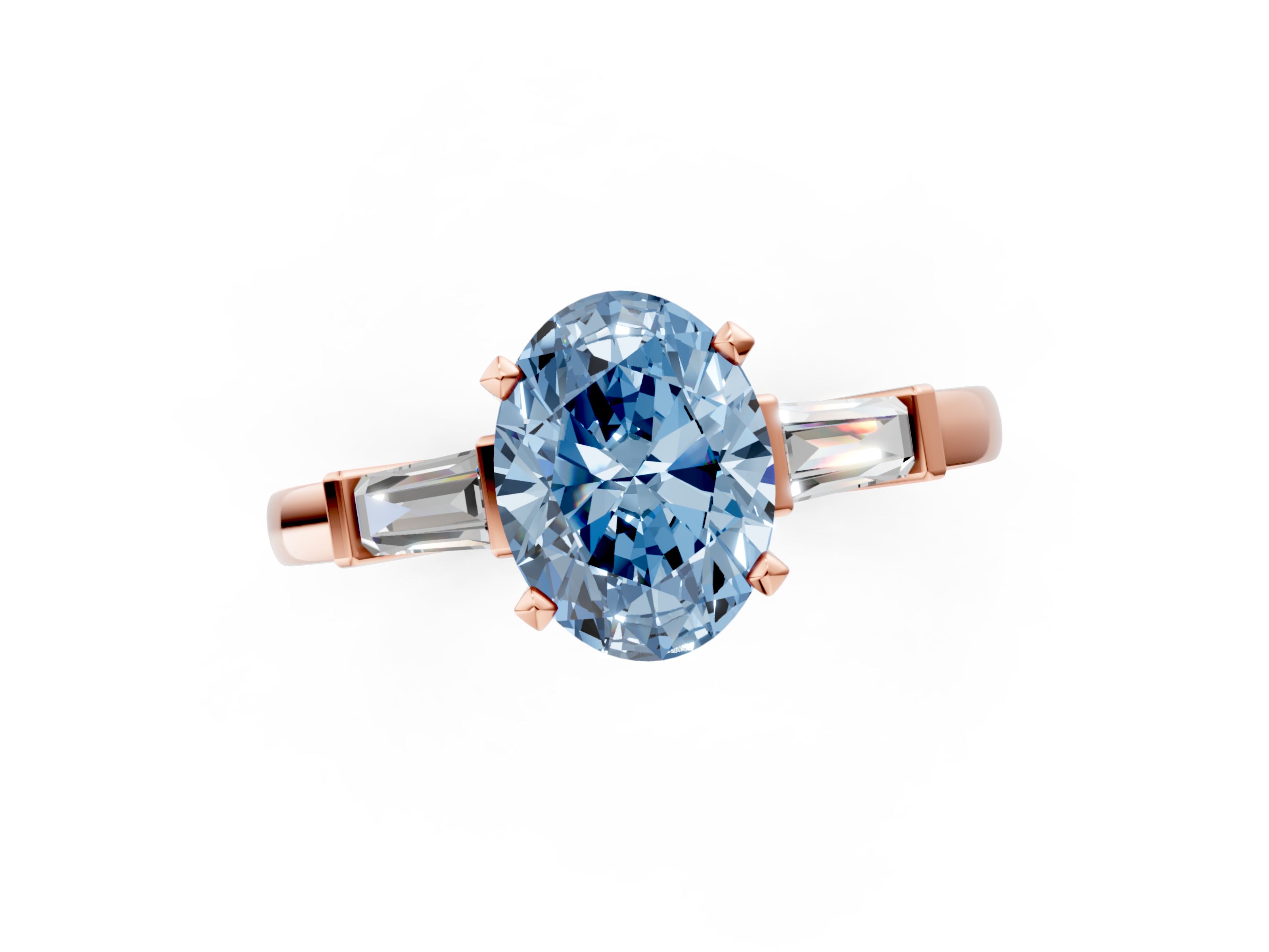 Rose gold Fancy Blue Oval  Cut Diamond Solitaire Ring with Tapered Baguette Accents and Four-Prong Setting_24