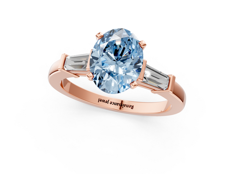 Rose gold Fancy Blue Oval  Cut Diamond Solitaire Ring with Tapered Baguette Accents and Four-Prong Setting_25