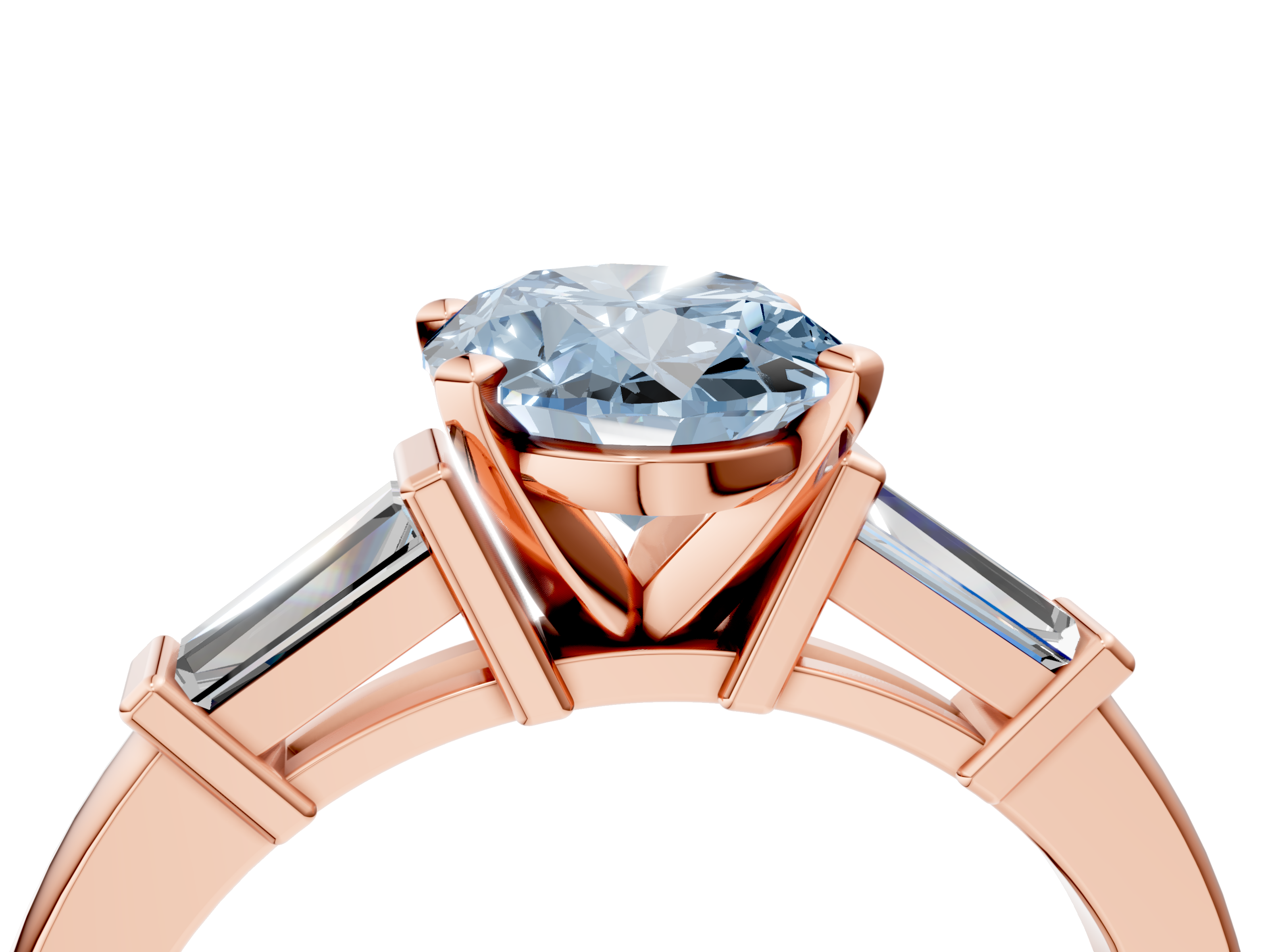 Rose gold Fancy Blue Oval  Cut Diamond Solitaire Ring with Tapered Baguette Accents and Four-Prong Setting_28