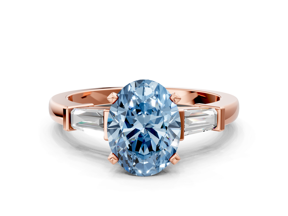 Rose gold Fancy Blue Oval  Cut Diamond Solitaire Ring with Tapered Baguette Accents and Four-Prong Setting_58