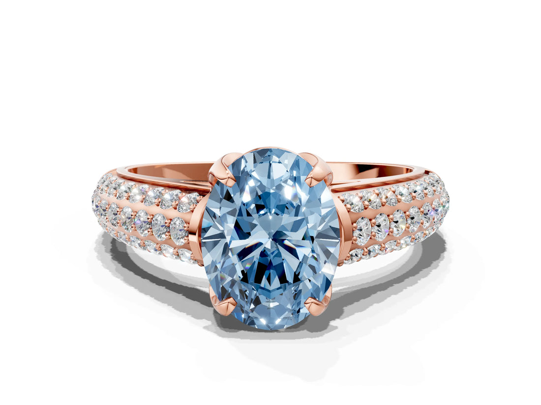 Rose gold Fancy Blue Oval Cut Diamond Solitaire Ring with Three-Row Pavé Band and Four-Prong Setting_37