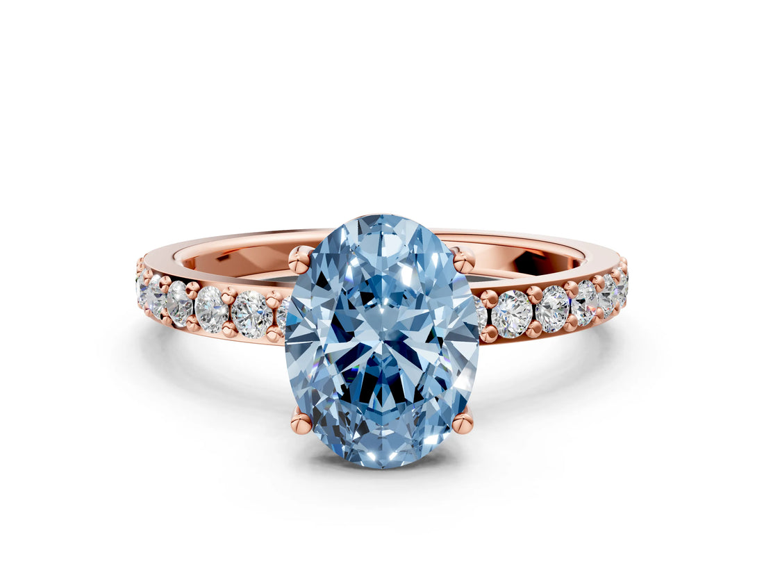 Rose gold Fancy Blue Oval  Cut Diamond Solitaire with Pave Band and Four-Prong Setting 1